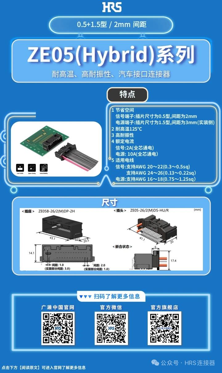 【產(chǎn)品推薦】耐高溫、高耐振性、汽車接口、電源信號混合型連接器ZE05系列